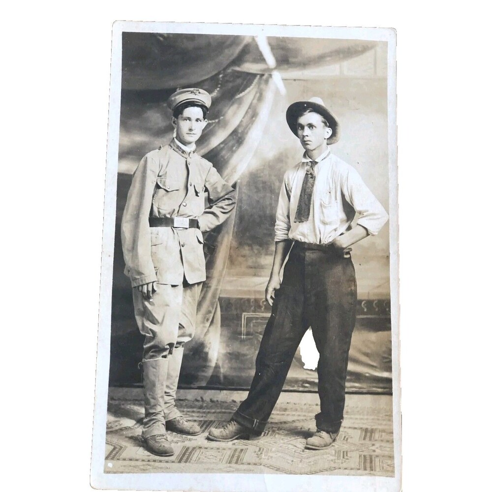 RPPC Doughboy AEF Army Soldier with Friend Studio  Postcard 1900s